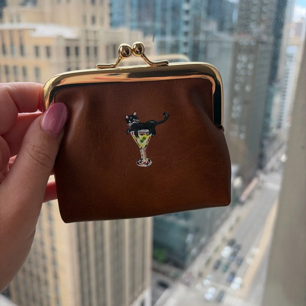 Cat in martini hand painted leather coin purse - Picture 2 of 2